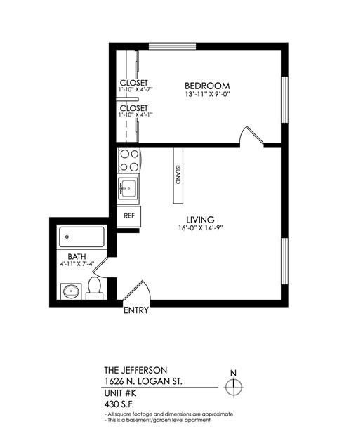 Floor plan for 1 bed, 1 bath, 525 sqft